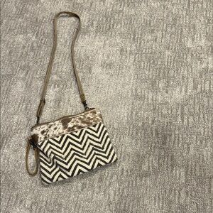 Myra Cross Body Chevron Pattern Crossbody Bag with Brown Leather Strap
